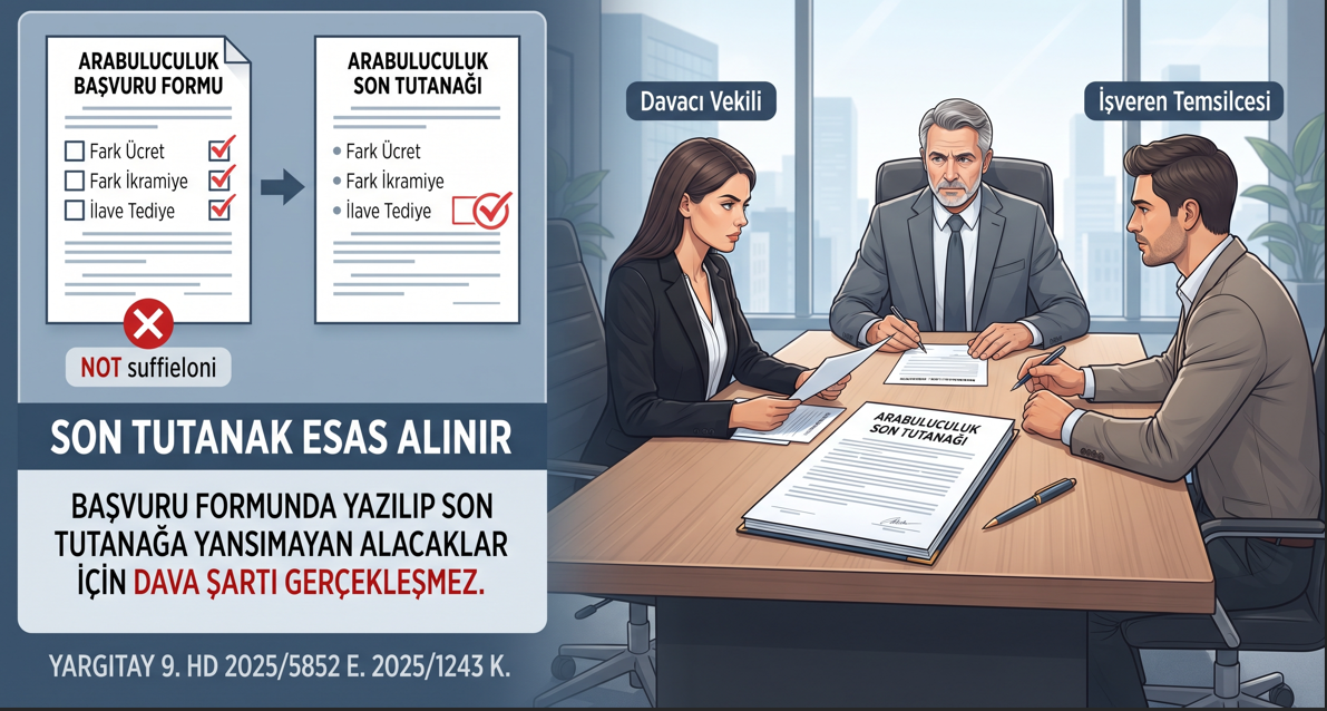 Yargıtay: Arabuluculuk başvuru formunda yazılan ancak arabuluculuk son tutanağına yansımayan alacaklar için dava şartı gerçekleşmiş sayılmaz.